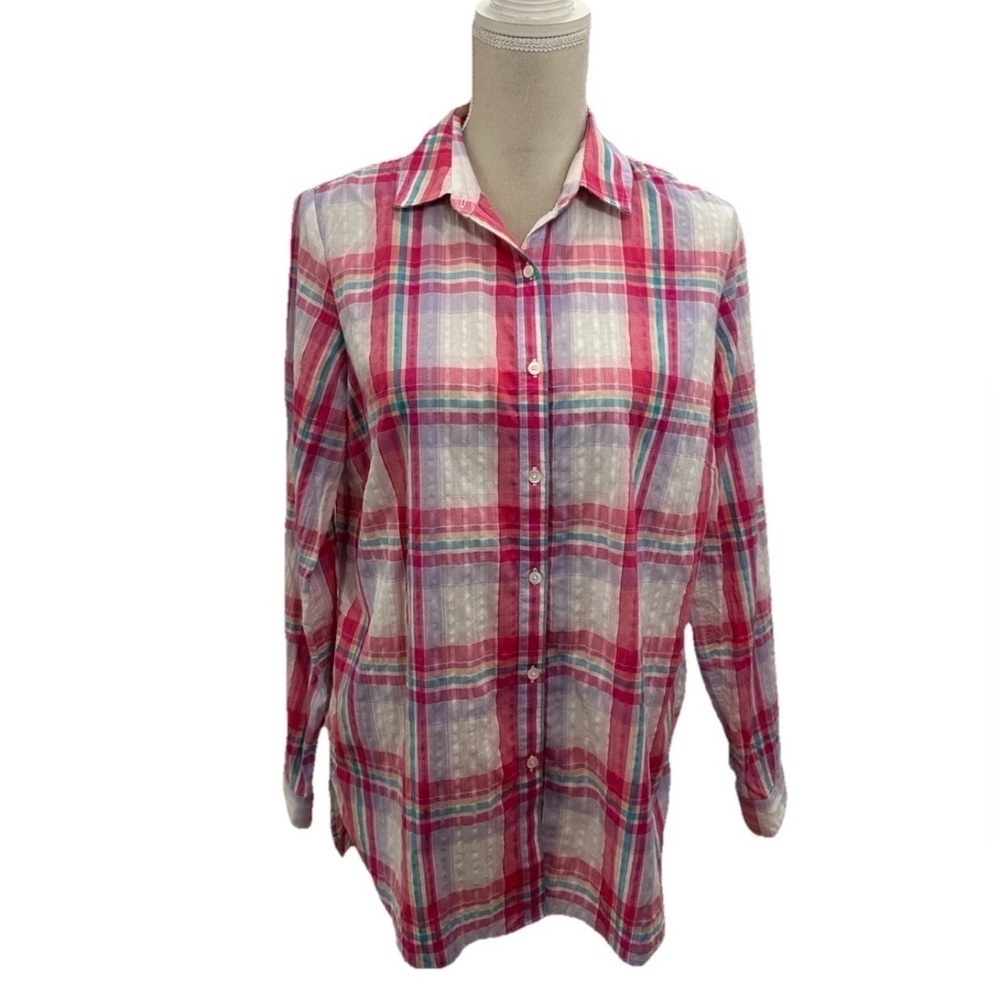 J. McLaughlin Lightweight Button Up Shirt Women’s Medium Long Sleeve White Plaid